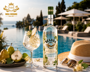 Beluga Noble Botanicals Pear & Linden 700ml thưởng thức bên hồ bơi cùng cocktail lê và hoa Linden trong không gian nghỉ dưỡng sang trọng.
